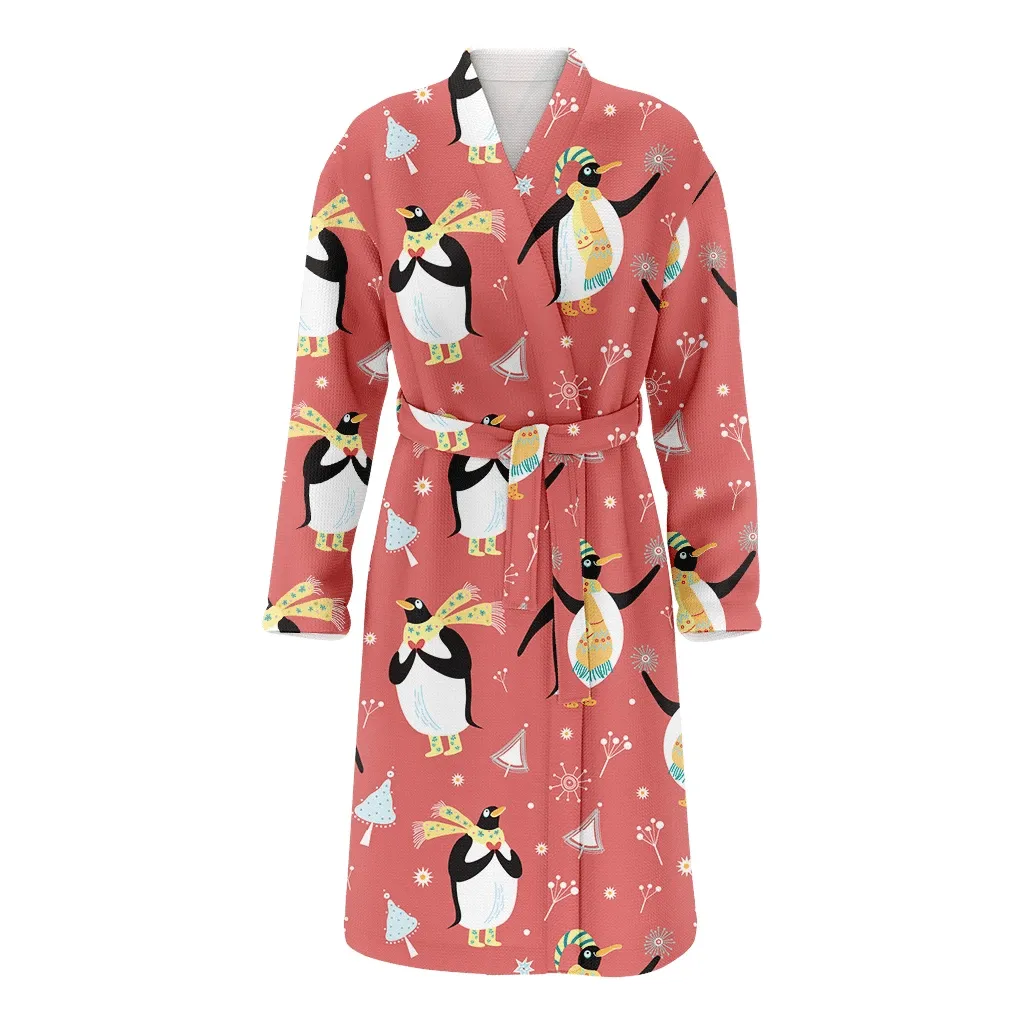 Christmas Cartoon Penguins On Red Family Matching Kimono Bathrobe Satin Fleece Robe
