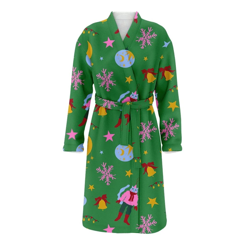 Christmas Cat Moon And Snowflakes On Green Background Family Matching Kimono Bathrobe Satin Fleece Robe