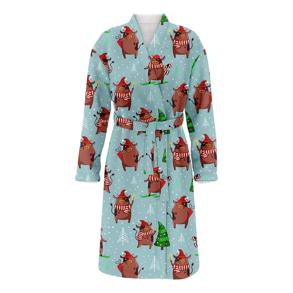 Christmas Cow In The Winter Forest Family Matching Kimono Bathrobe Satin Fleece Robe