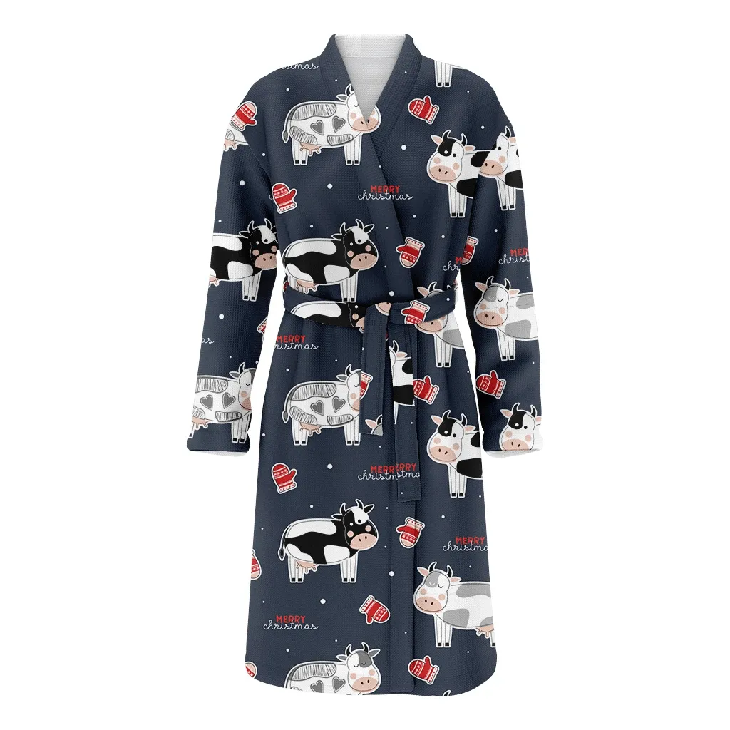 Christmas Cow Snow On Dark Background Family Matching Kimono Bathrobe Satin Fleece Robe