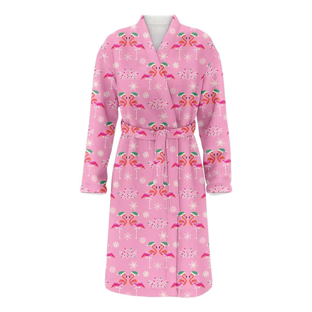 Christmas Cute Couple Flamingos In Hats Family Matching Kimono Bathrobe Satin Fleece Robe
