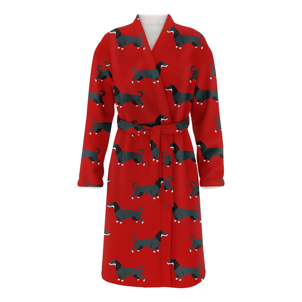 Christmas Cute Grey Dachshund On Red Style Family Matching Kimono Bathrobe Satin Fleece Robe