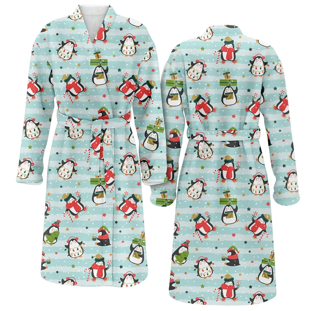 Christmas Cute Penguins On Line Stripe Background Family Matching Kimono Bathrobe Satin Fleece Robe