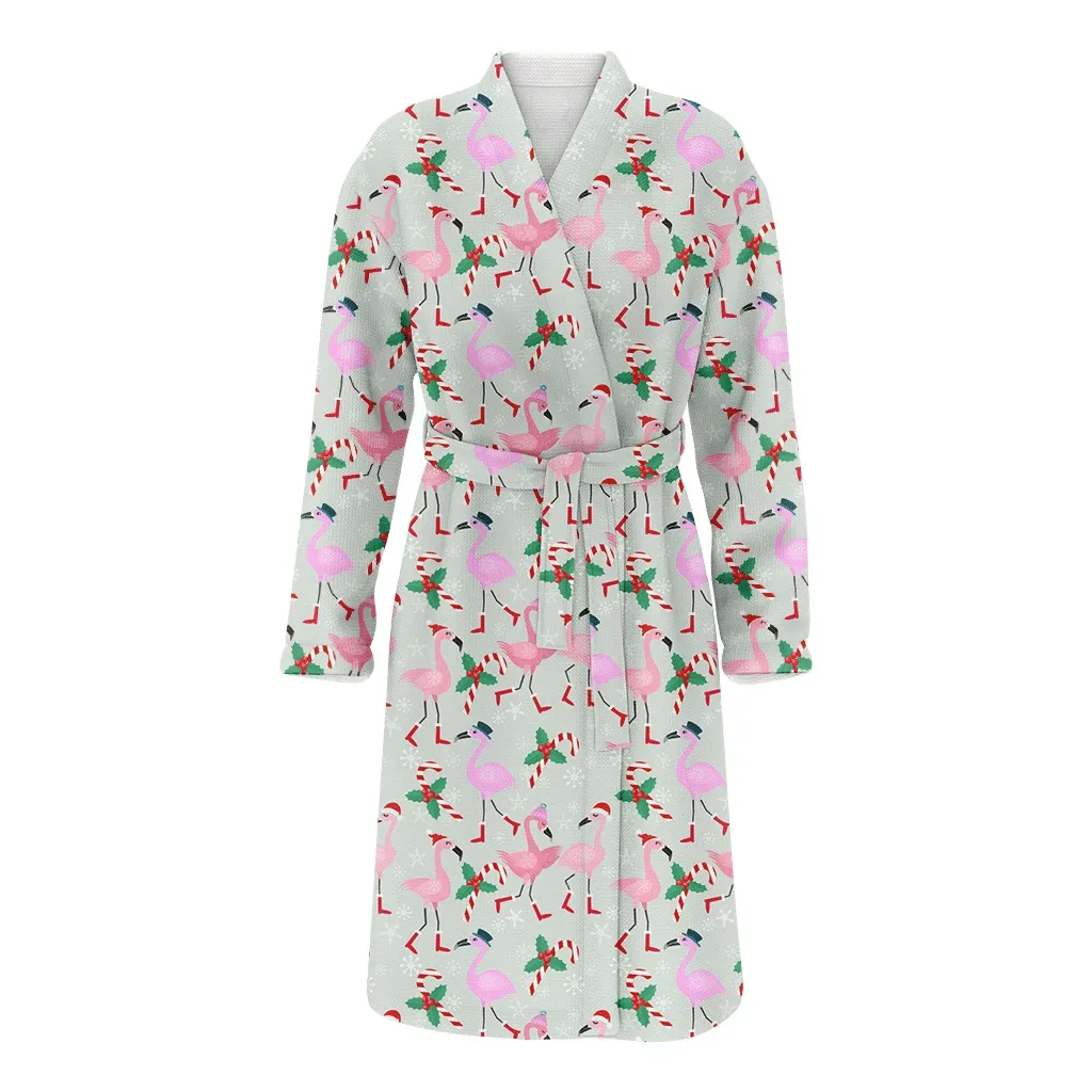 Christmas Cute Pink Flamingos In Hats And Candy Family Matching Kimono Bathrobe Satin Fleece Robe