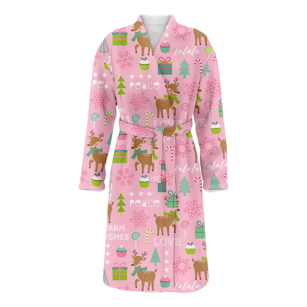 Christmas Cute Reindeer And Decorative Elements On Pink Family Matching Kimono Bathrobe Satin Fleece Robe