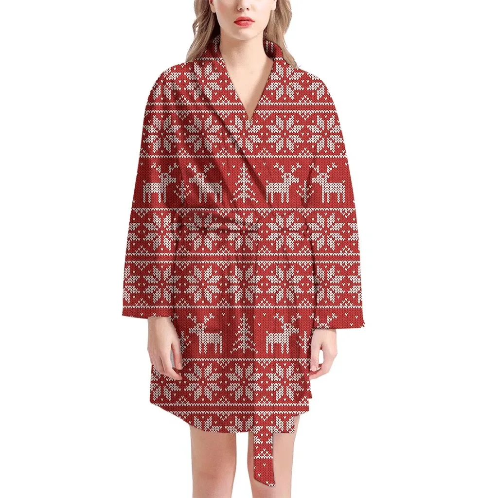 Christmas Deer Knitted Pattern Family Matching Kimono Bathrobe Satin Fleece Robe
