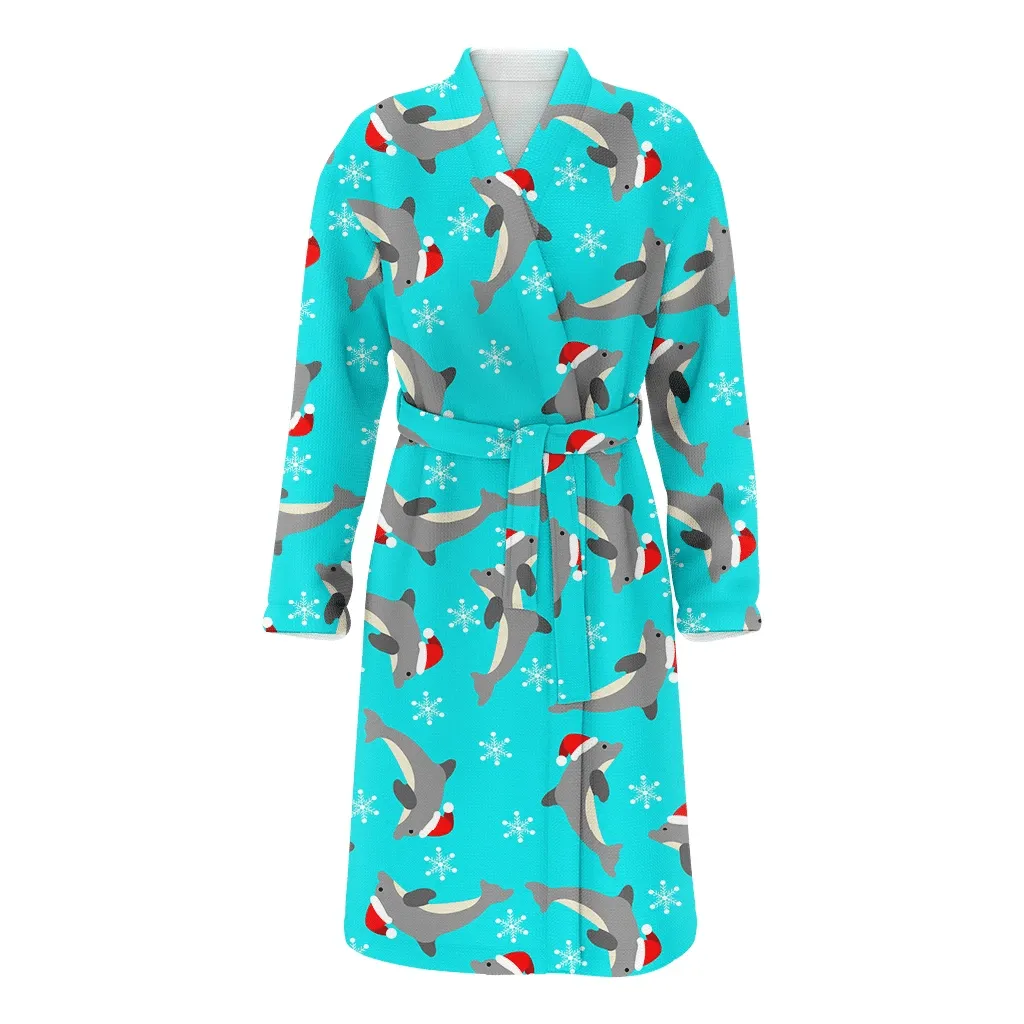 Christmas Dolphins Jumping Wearing Santa Hats Family Matching Kimono Bathrobe Satin Fleece Robe