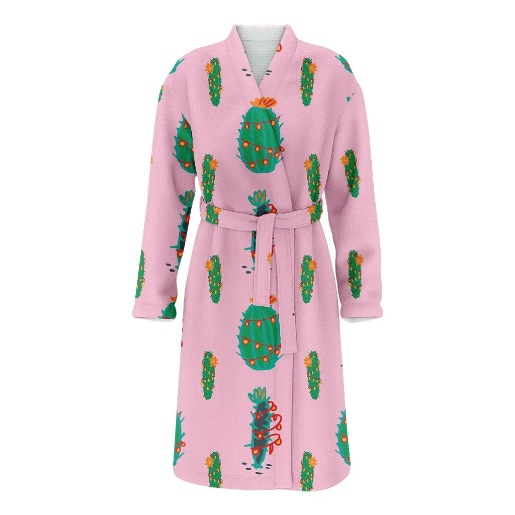 Christmas Doodle Cactus With Fairy Lights Family Matching Kimono Bathrobe Satin Fleece Robe
