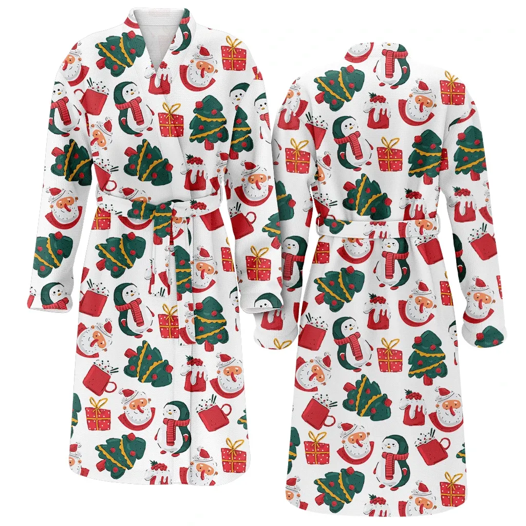 Christmas Festive Funny Penguins Santa Gift Box And Pudding Family Matching Kimono Bathrobe Satin Fleece Robe