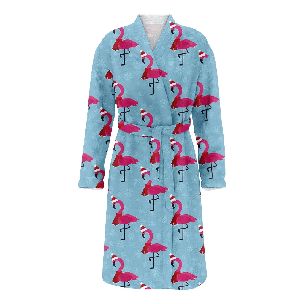 Christmas Flamingo With Blue And White Snowflakes Family Matching Kimono Bathrobe Satin Fleece Robe