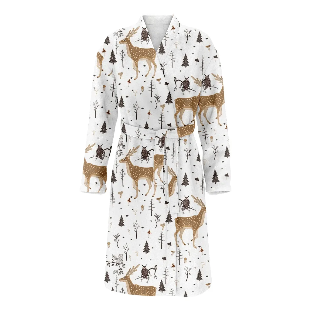 Christmas Forest Deer And Mushrooms On White Family Matching Kimono Bathrobe Satin Fleece Robe