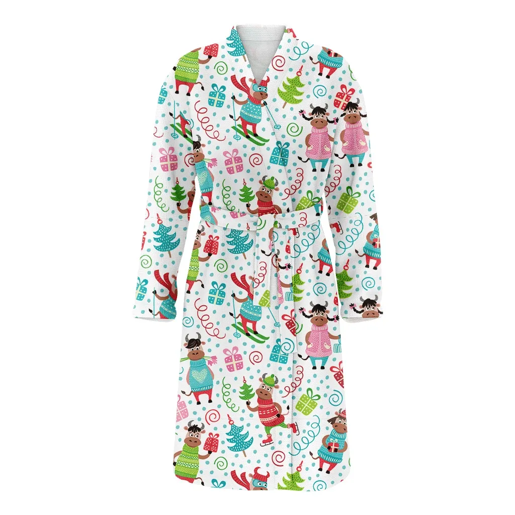 Christmas Funny Cows In Blue Winter Family Matching Kimono Bathrobe Satin Fleece Robe