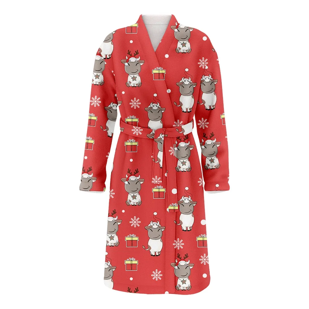 Christmas Funny Cows In Santa Claus Hat And Presents Family Matching Kimono Bathrobe Satin Fleece Robe