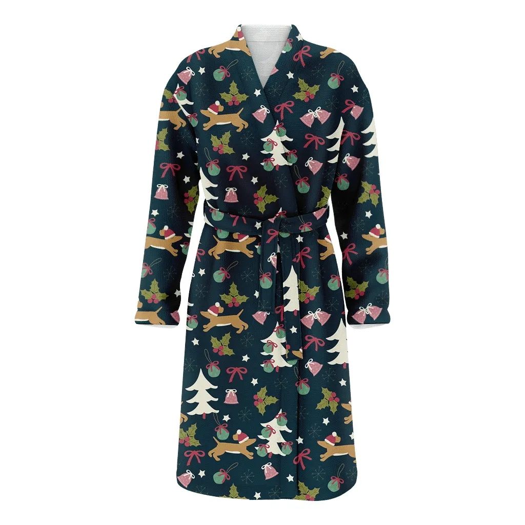 Christmas Funny Dachshund Wearing Santa's Hat Family Matching Kimono Bathrobe Satin Fleece Robe