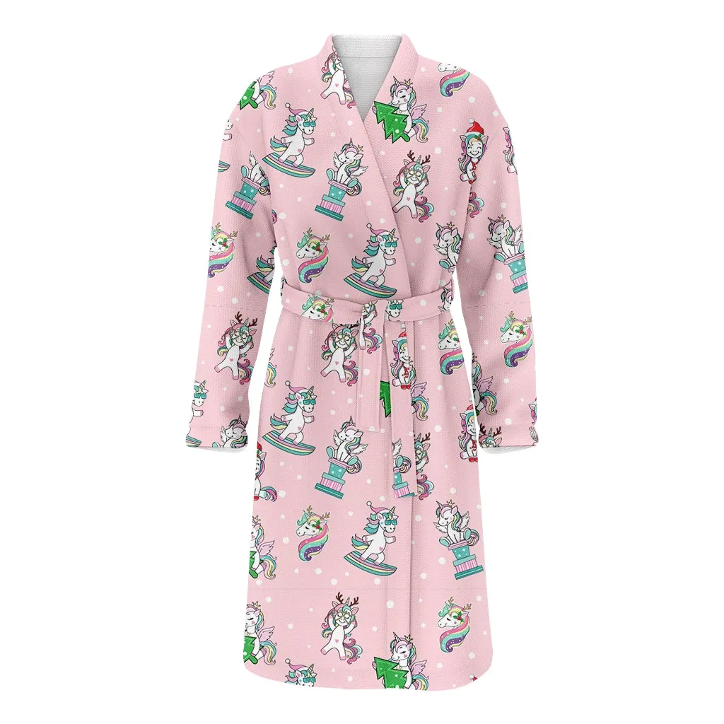Christmas Funny Horse And Tree On A Pink Background Family Matching Kimono Bathrobe Satin Fleece Robe