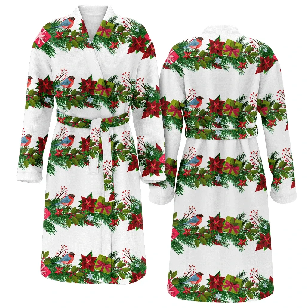 Christmas Gift Bullfinch Gift Boxes Holly And Berries Family Matching Kimono Bathrobe Satin Fleece Robe