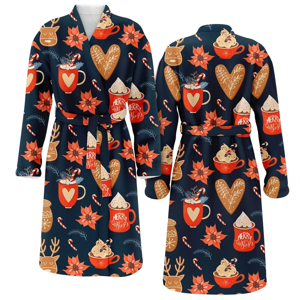 Christmas Gift Cacao Drink Ginger Cookie Poinsettia And Lollipop Family Matching Kimono Bathrobe Satin Fleece Robe
