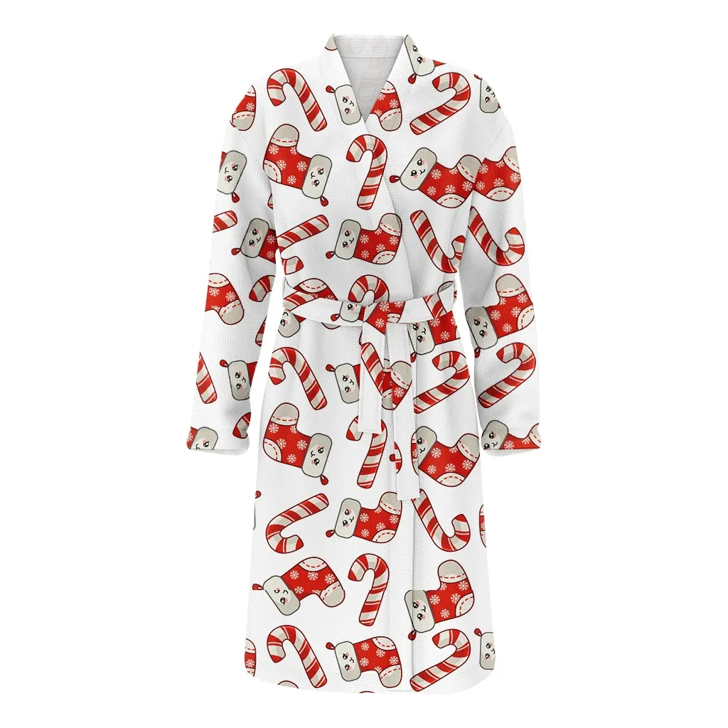 Christmas Gift Candy Cane And Cute Sock Family Matching Kimono Bathrobe Satin Fleece Robe