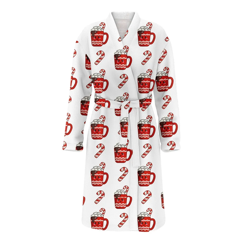 Christmas Gift Candy Cane Cup And Marshmallows Family Matching Kimono Bathrobe Satin Fleece Robe