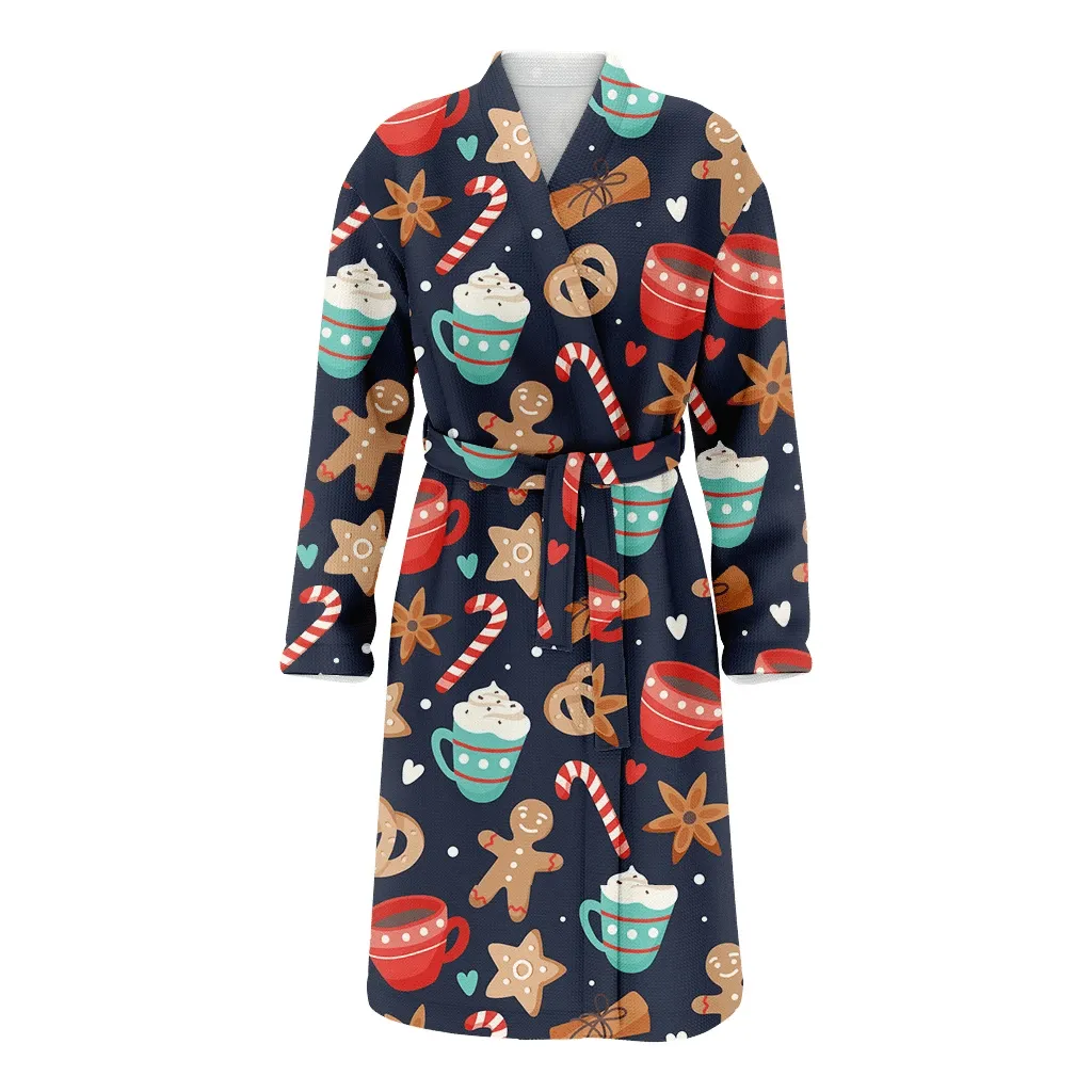 Christmas Gift Candy Cane Gingerbread And Cup Family Matching Kimono Bathrobe Satin Fleece Robe