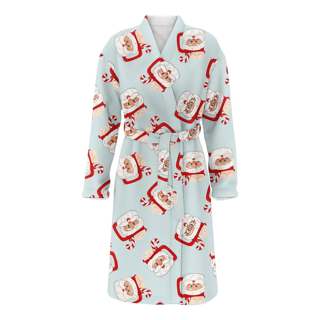Christmas Gift Cartoon Pattern Of Outline Doodle Cups With Santa Claus Faces Family Matching Kimono Bathrobe Satin Fleece Robe