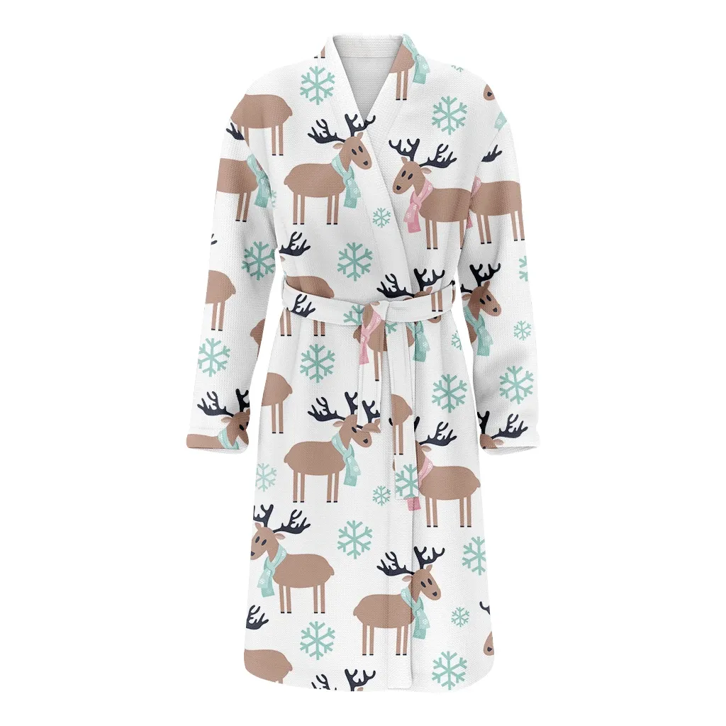 Christmas Gift Cute Deer In Scarf With Snowflake Family Matching Kimono Bathrobe Satin Fleece Robe