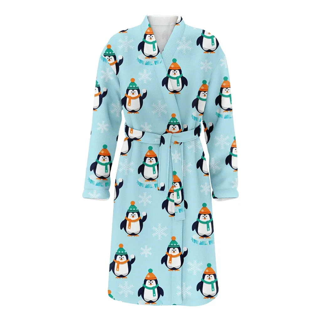 Christmas Gift Cute Penguin In Hat And Scarf On Freze Family Matching Kimono Bathrobe Satin Fleece Robe