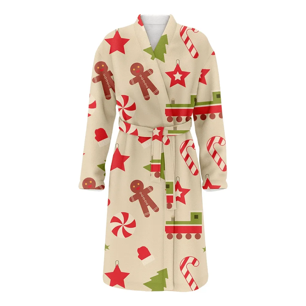 Christmas Gift Elements With Gingerbread Man Star Candy And Train Pattern Family Matching Kimono Bathrobe Satin Fleece Robe