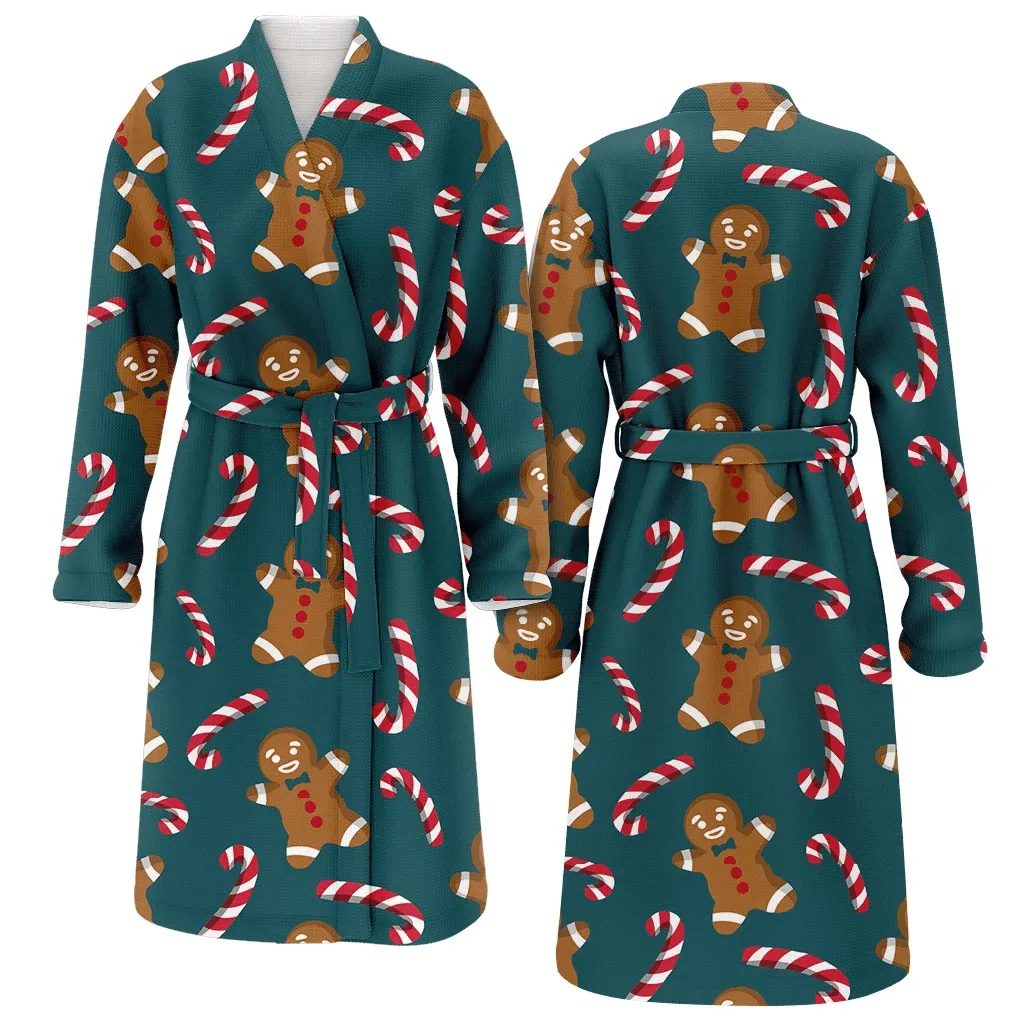 Christmas Gift Gingerbread And Candy Canes On Dark Green Background Family Matching Kimono Bathrobe Satin Fleece Robe