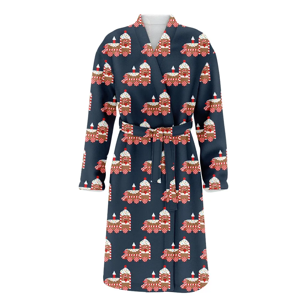Christmas Gift Gingerbread Train Candy On Blue Background Family Matching Kimono Bathrobe Satin Fleece Robe