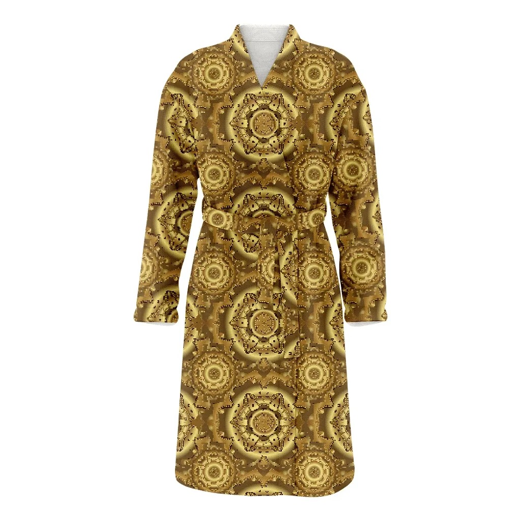 Christmas Gift Gold Geometrical Elements Stars On A Brown Family Matching Kimono Bathrobe Satin Fleece Robe