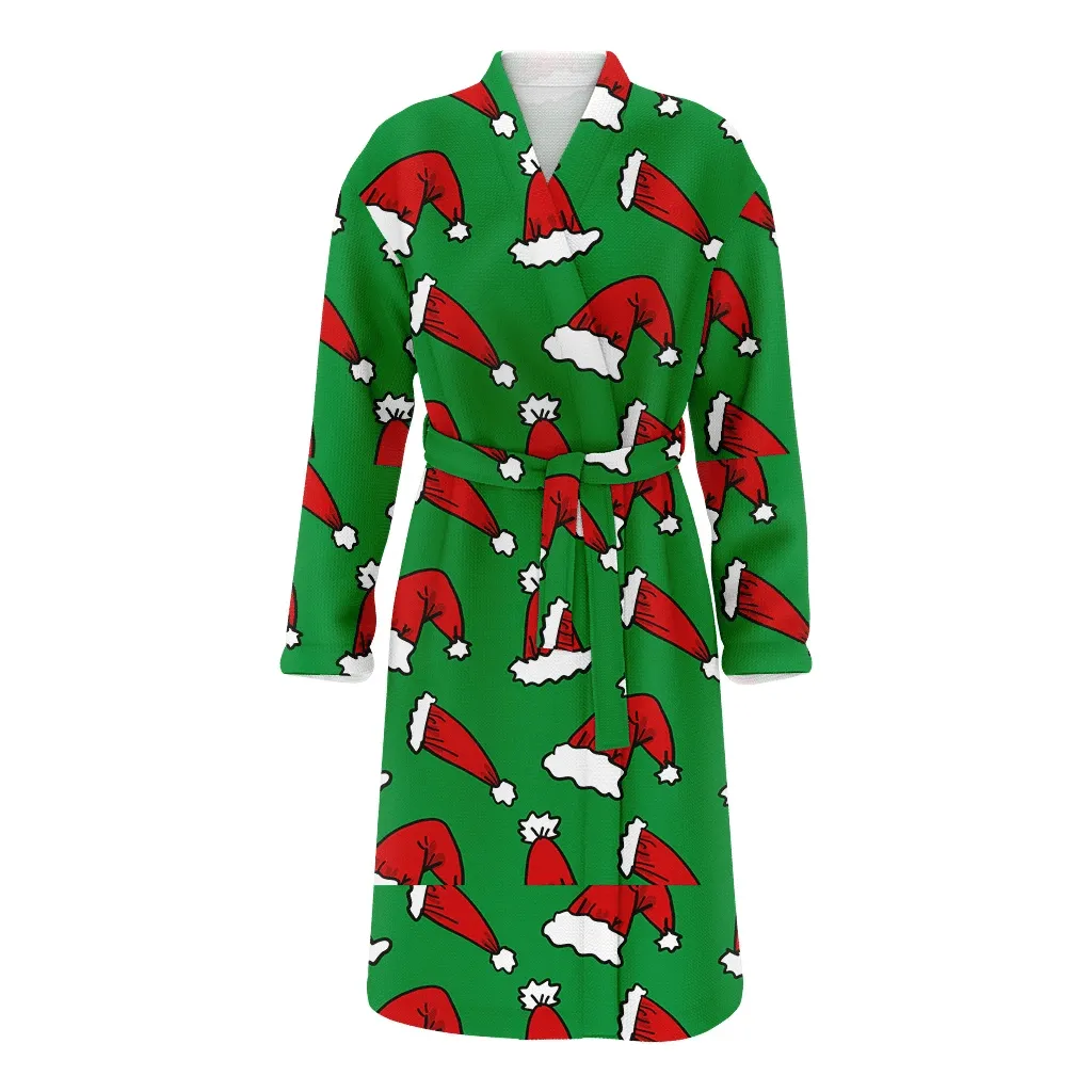Christmas Gift Green Background With Red Santa Hat Family Matching Kimono Bathrobe Satin Fleece Robe