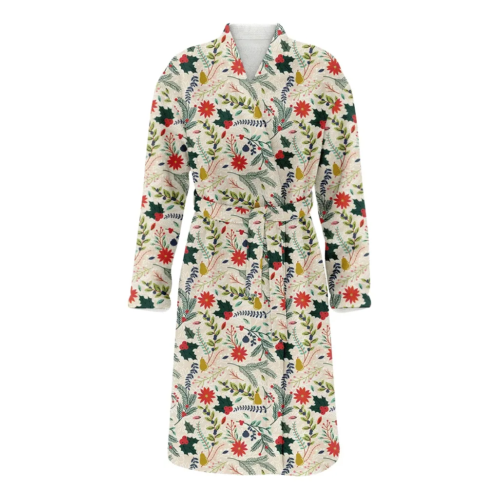 Christmas Gift Holiday Floral On Brown Background Family Matching Kimono Bathrobe Satin Fleece Robe