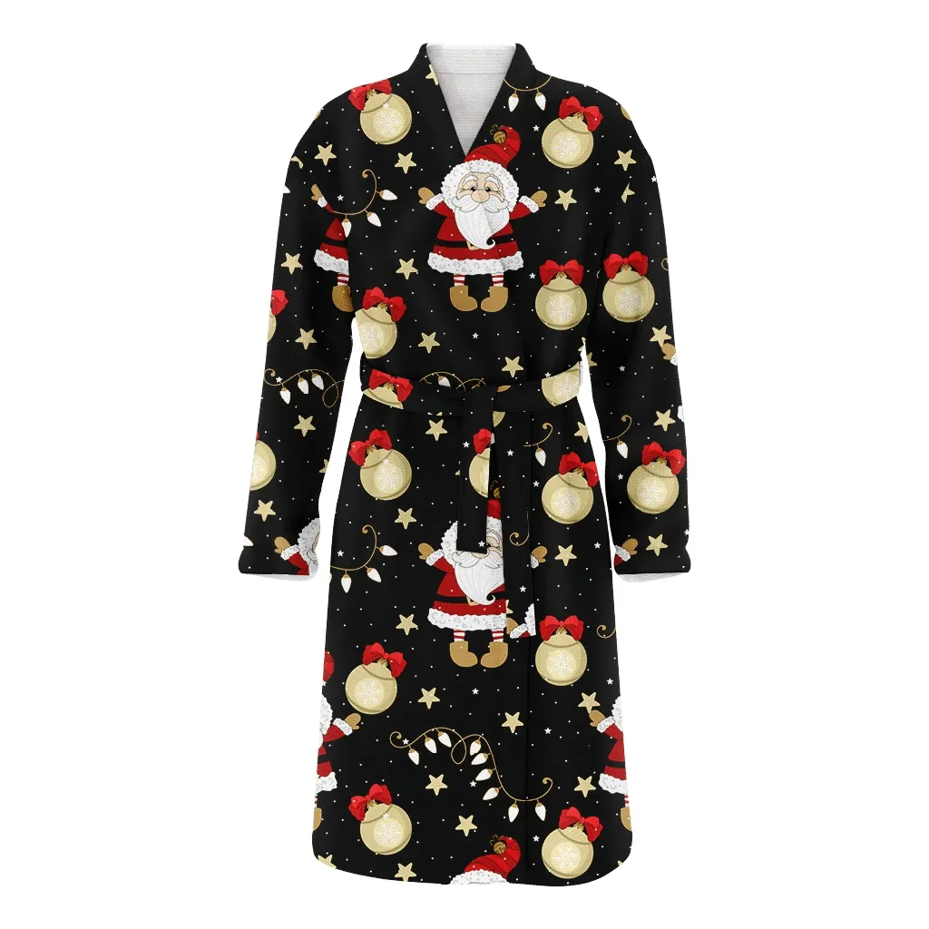 Christmas Gift Holiday Of Lovely Santa Gold Decorative Balls Patter Family Matching Kimono Bathrobe Satin Fleece Robe