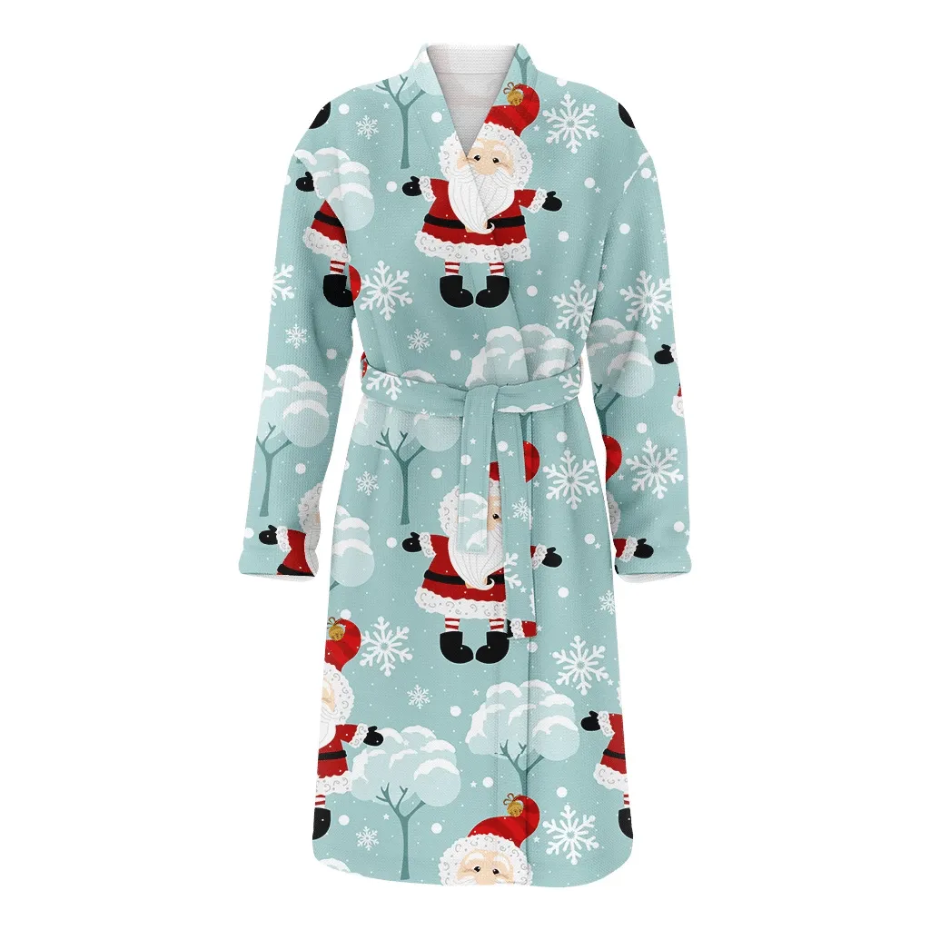 Christmas Gift Holiday With Santa Claus In The Forest Design Family Matching Kimono Bathrobe Satin Fleece Robe