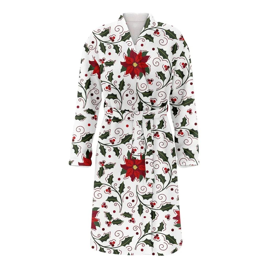 Christmas Gift Holly Branches Leaves And Red Poinsettia Family Matching Kimono Bathrobe Satin Fleece Robe