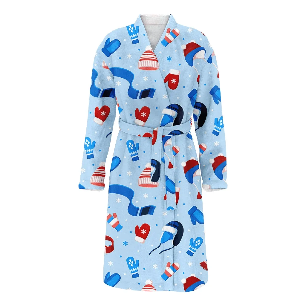 Christmas Gift Pattern Of Winter Hats Mittens Scarves And Snowflakes On Light Blue Background Family Matching Kimono Bathrobe Satin Fleece Robe