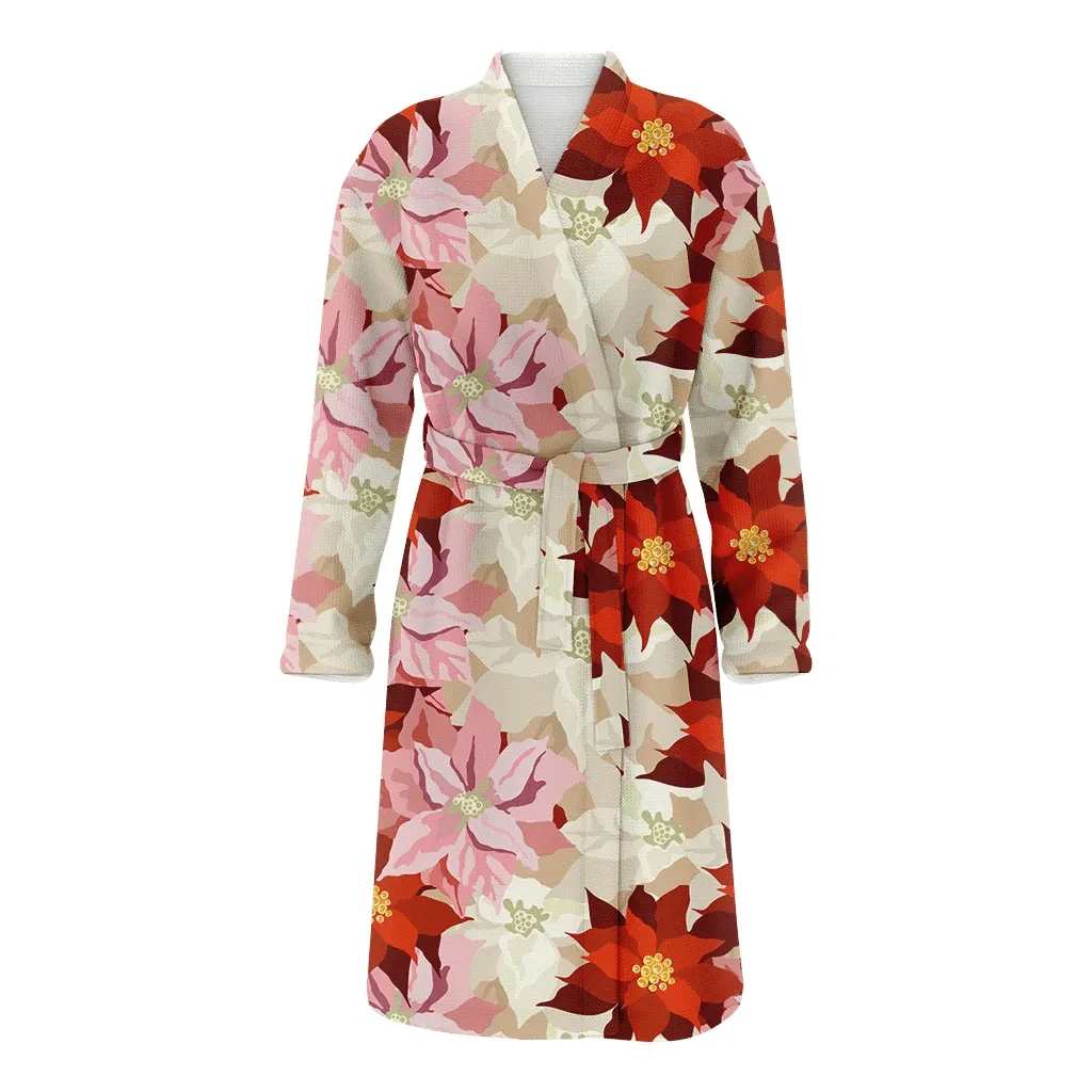 Christmas Gift Plants Pink Red Flowers Blooming Poinsettia Family Matching Kimono Bathrobe Satin Fleece Robe