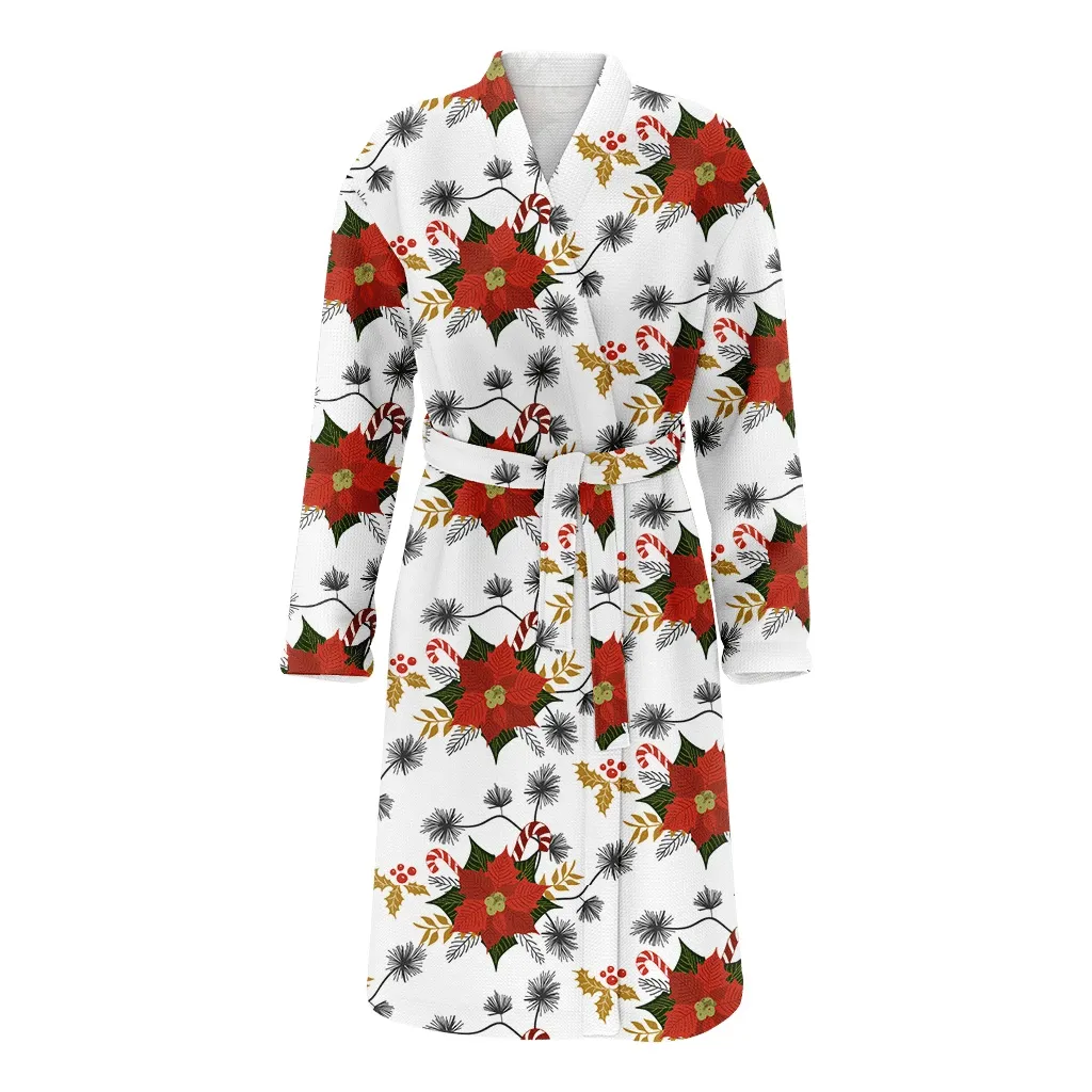 Christmas Gift Poinsettia Flower Holly Leaf Red Berry Candy Cane Family Matching Kimono Bathrobe Satin Fleece Robe