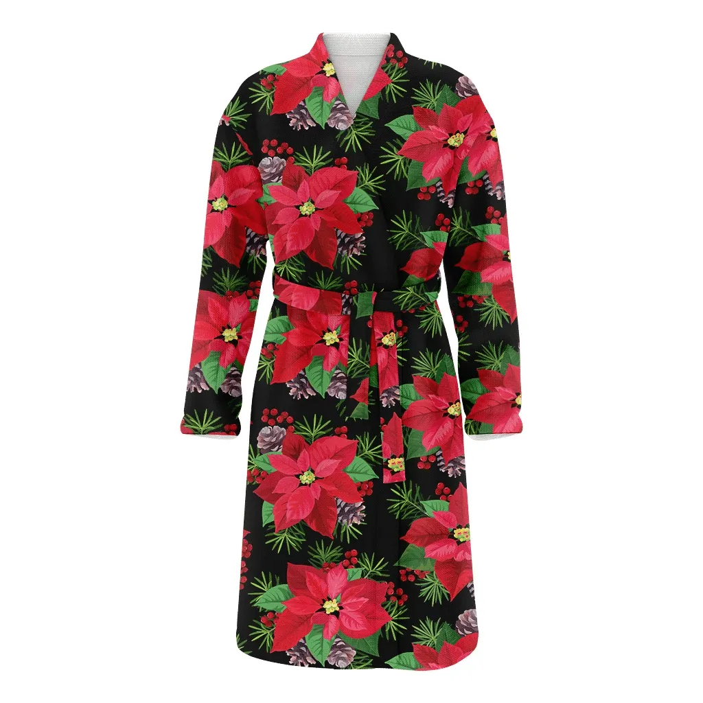 Christmas Gift Poinsettia Flowers In Red And Green Color With Pine And Berries Family Matching Kimono Bathrobe Satin Fleece Robe