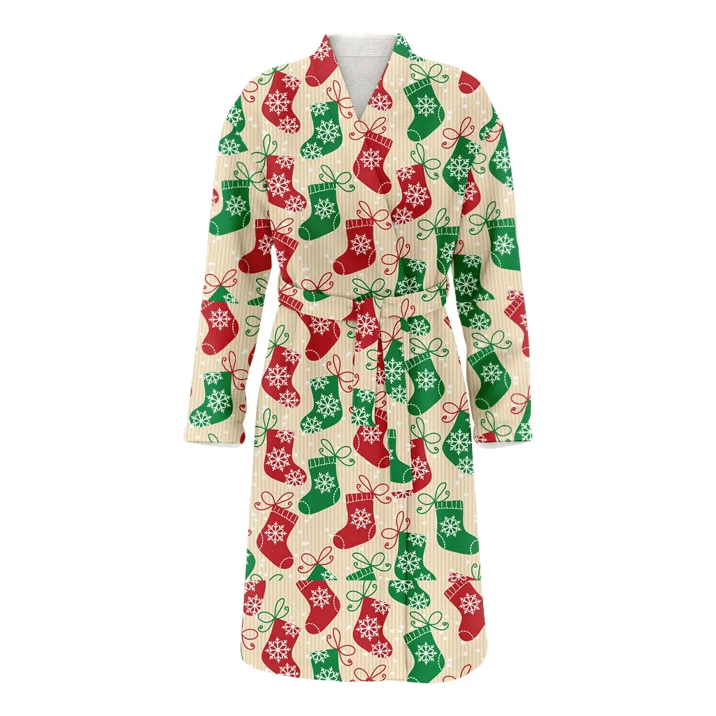 Christmas Gift Red And Green Socks With Snowflake Family Matching Kimono Bathrobe Satin Fleece Robe