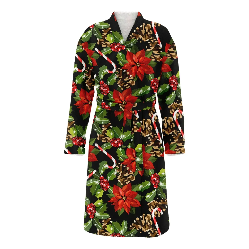 Christmas Gift Red Poinsettias Cone And Holly Family Matching Kimono Bathrobe Satin Fleece Robe