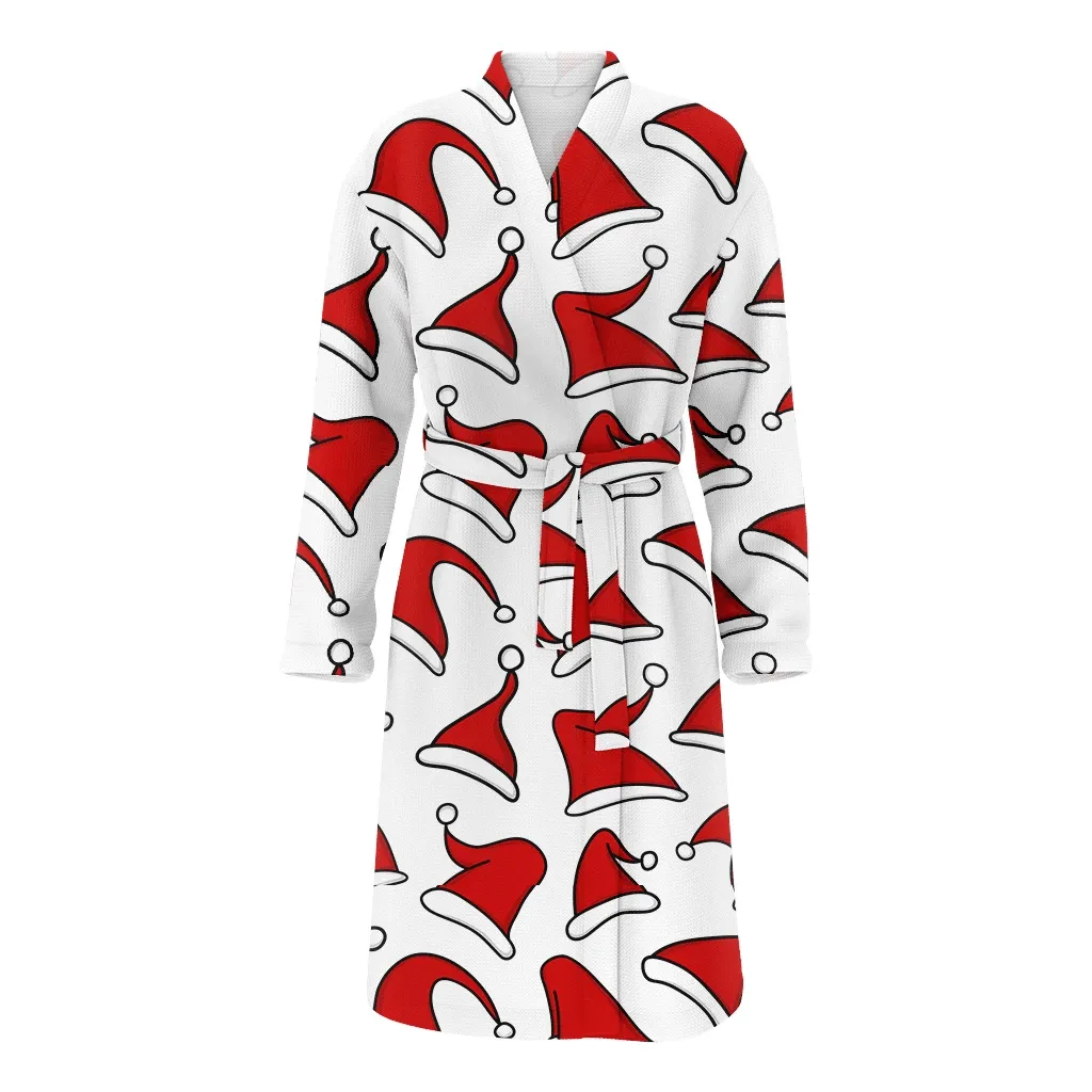 Christmas Gift Red Santa Hats In White Background Family Matching Kimono Bathrobe Satin Fleece Robe