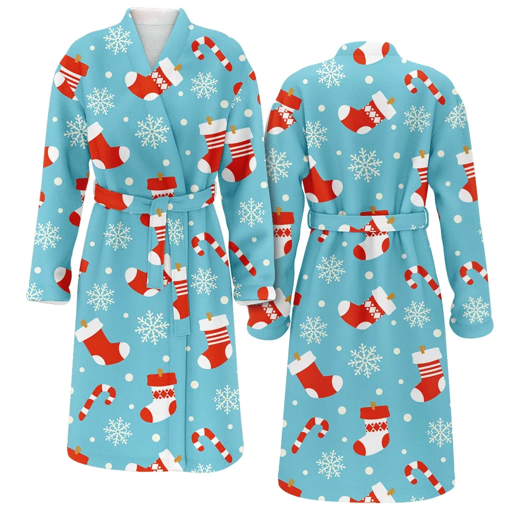 Christmas Gift Red Socks And Snowflakes On Blue Background Family Matching Kimono Bathrobe Satin Fleece Robe