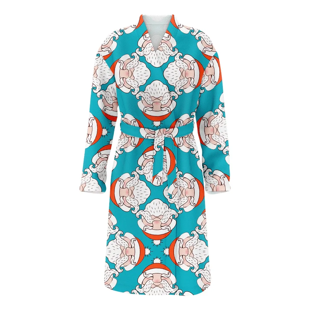 Christmas Gift Santa Claus Face Art Pattern Light Blue Theme Family Matching Kimono Bathrobe Satin Fleece Robe