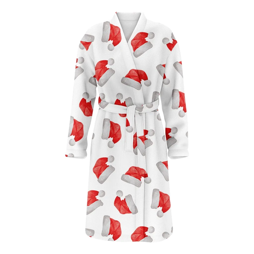 Christmas Gift Santa Claus Hat In White Background Family Matching Kimono Bathrobe Satin Fleece Robe
