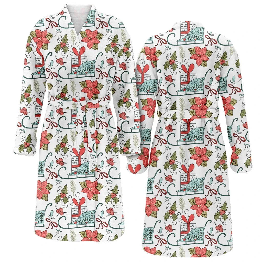 Christmas Gift Sleds And Poinsettia Flowers On A White Background Family Matching Kimono Bathrobe Satin Fleece Robe