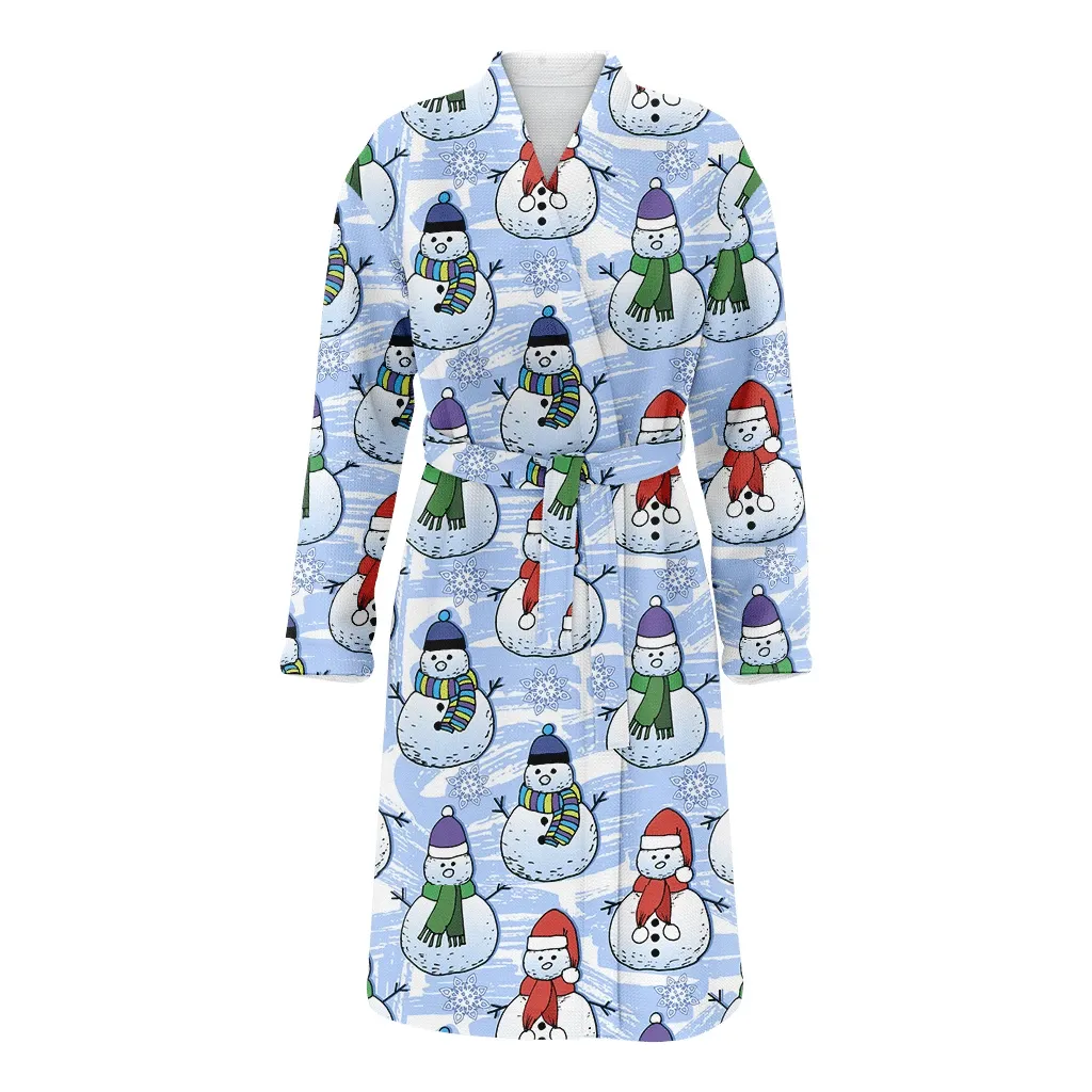 Christmas Gift Snowflake With Snowman In Scarf And Hat Family Matching Kimono Bathrobe Satin Fleece Robe