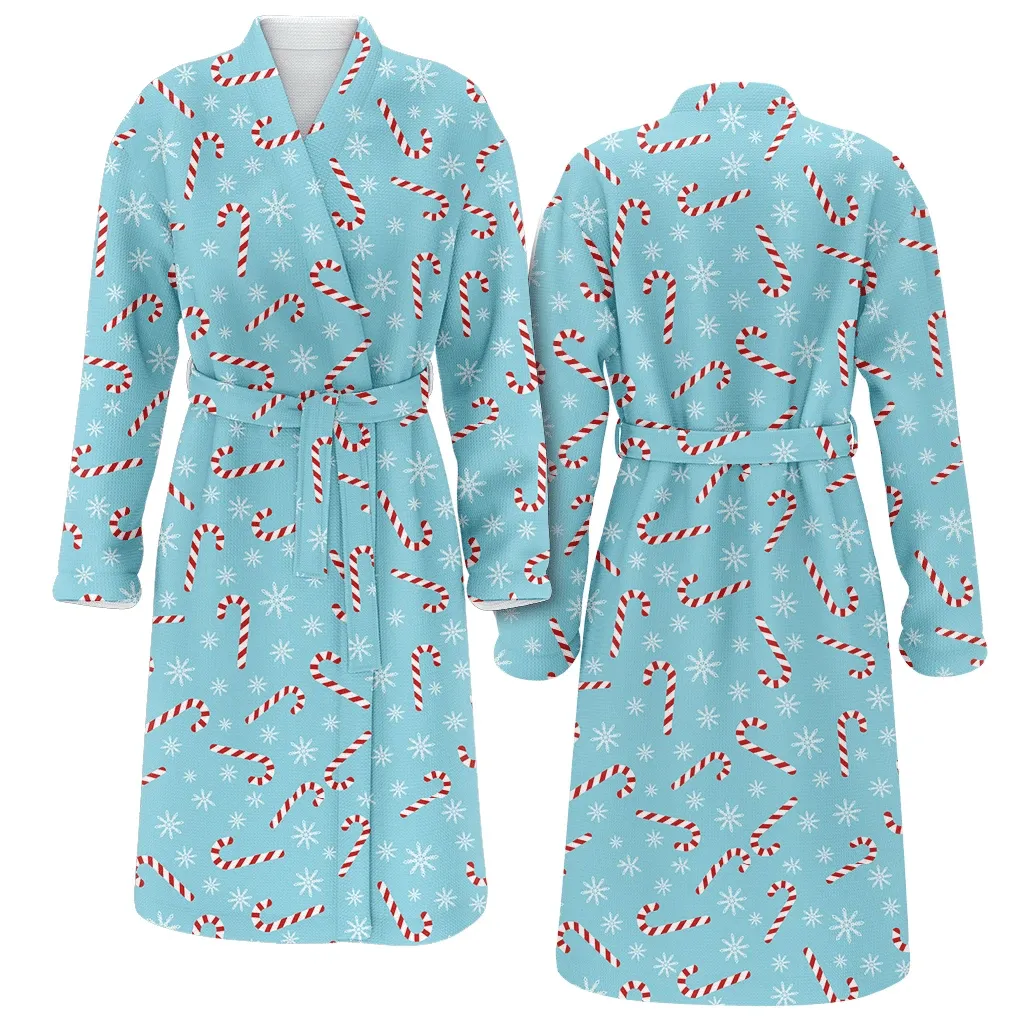 Christmas Gift Snowflakes And Candy Cane On Blue Background Family Matching Kimono Bathrobe Satin Fleece Robe