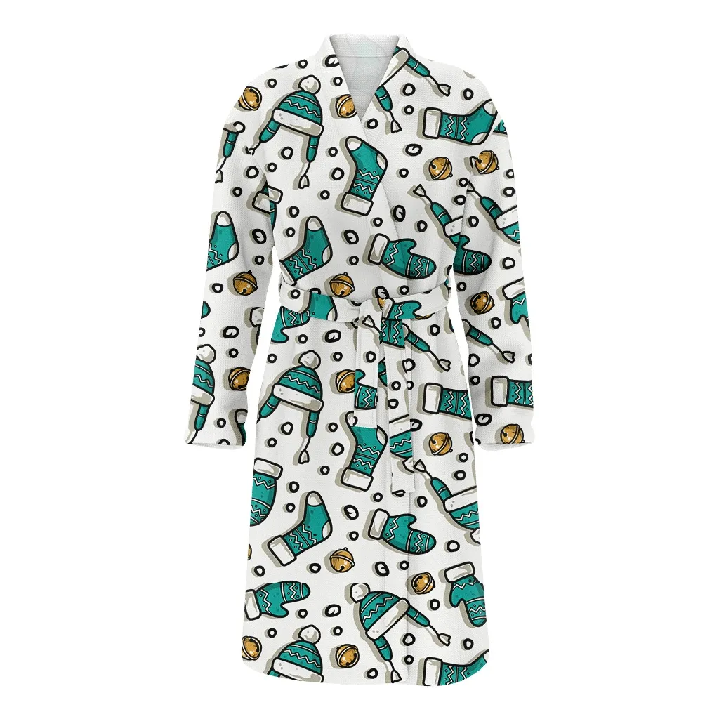 Christmas Gift Sock With Mittens Hat And Gold Bell Family Matching Kimono Bathrobe Satin Fleece Robe